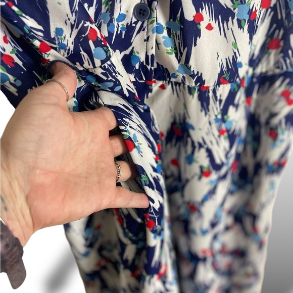 Vintage 40s Floral Rayon Dress Blue Red White Short Sleeve Midi Summer Dress - Picture 4 of 5